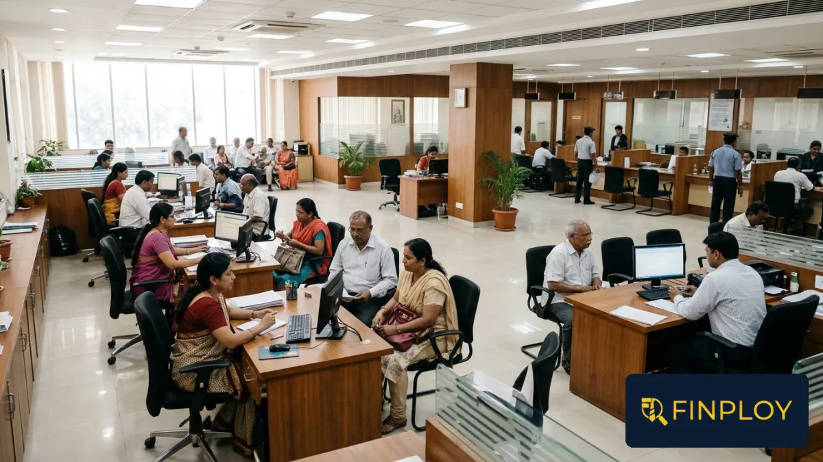 Wide view of a modern bank branch interior with financial professionals working.