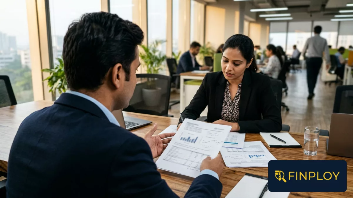 Two financial professionals discussing credit evaluation documents across a table in a modern corporate office.