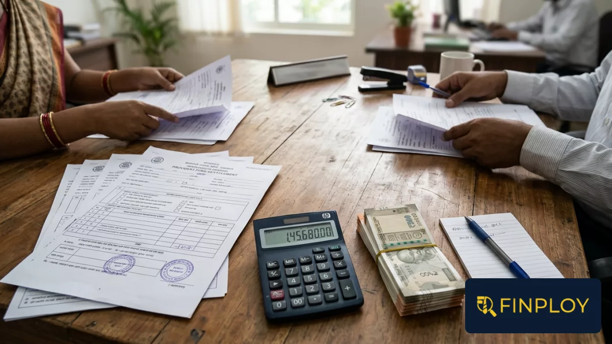 Flat-lay setup featuring EPF withdrawal documentation, a financial calculator, and Indian rupee notes on a desk.