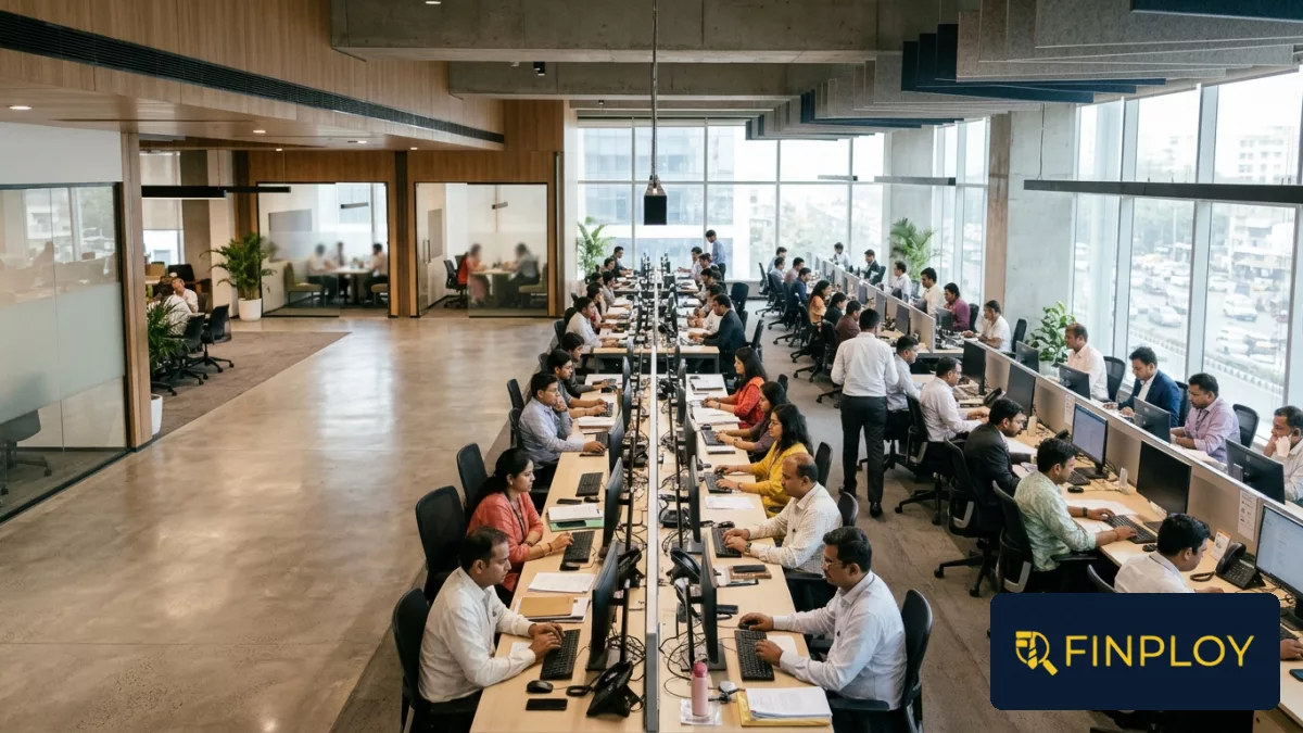 Modern financial services office floor with banking professionals working in an open office setting