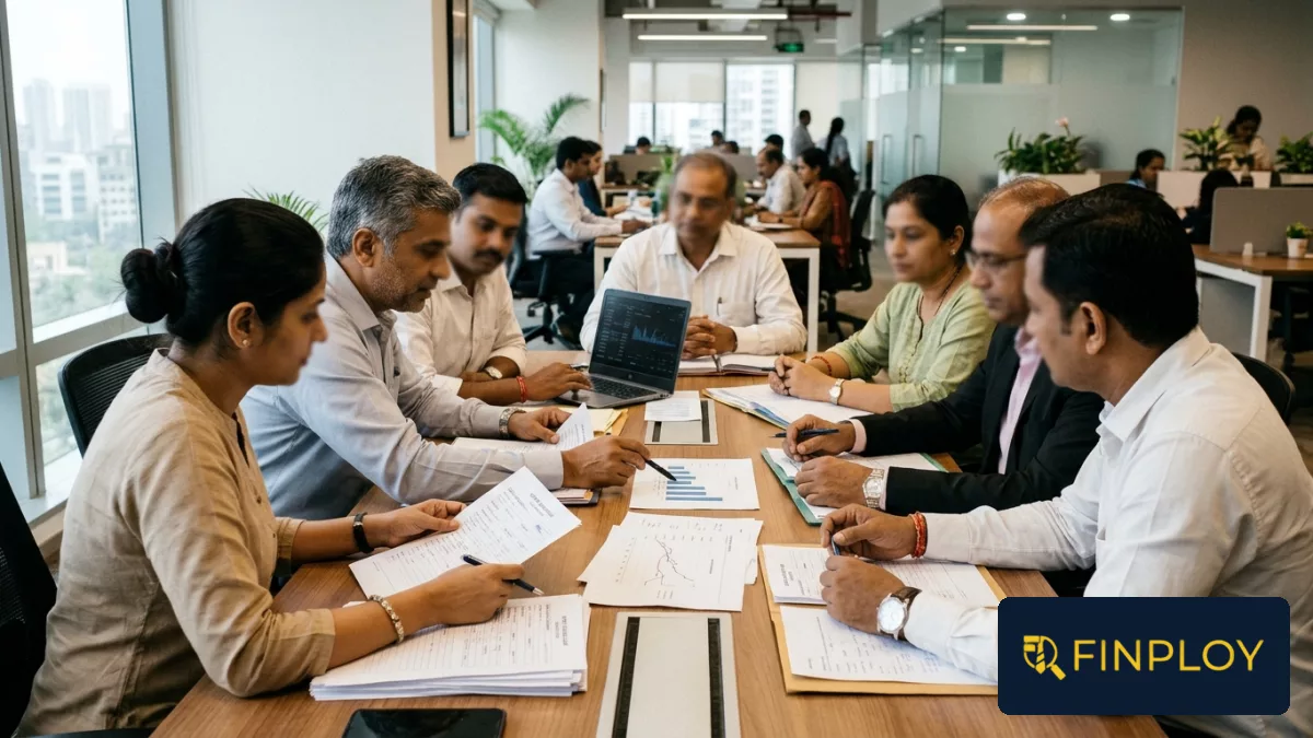 Financial professionals reviewing credit appraisal documents at a meeting table in an office.