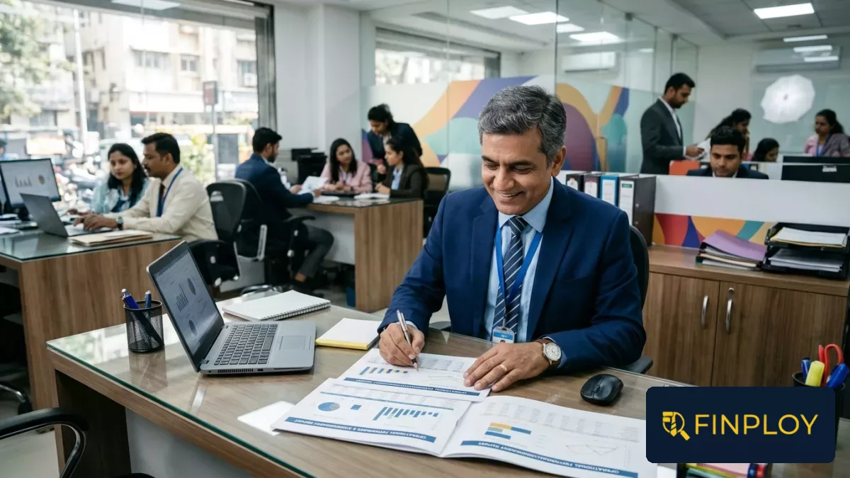 An Indian NBFC branch manager reviewing operational reports at a office desk.