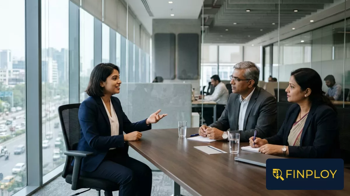 A job candidate answering interview questions about notice periods before bank recruitment managers.