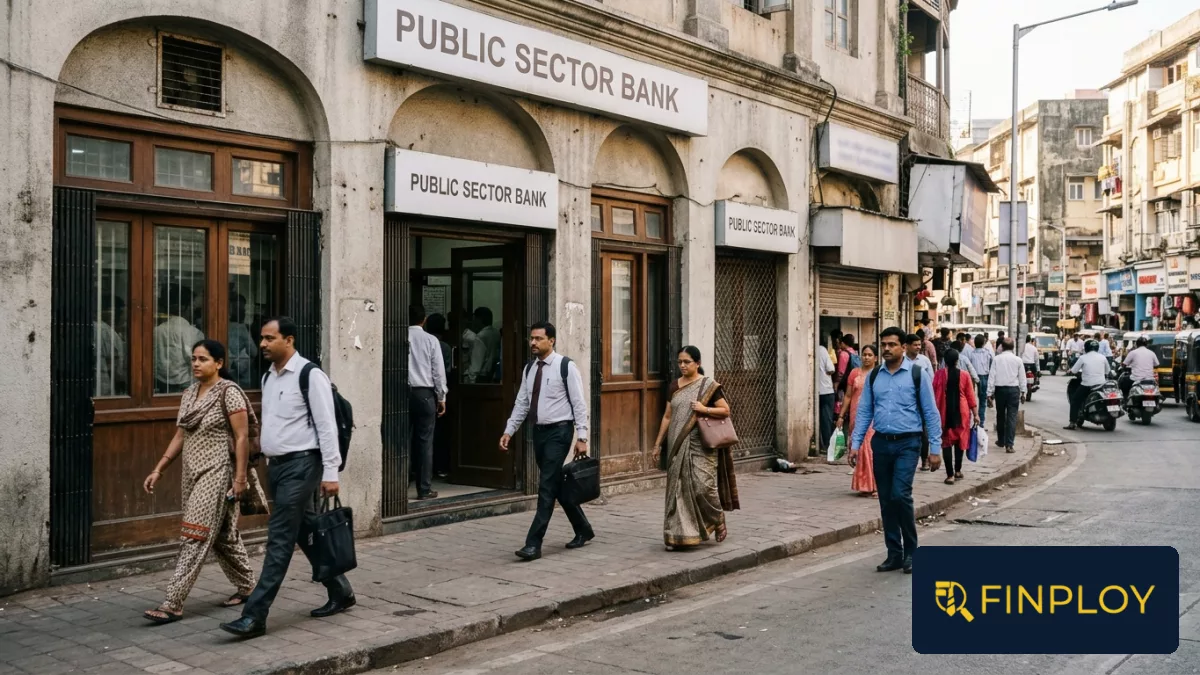 Exterior view of a public sector bank branch building in an Indian urban street.