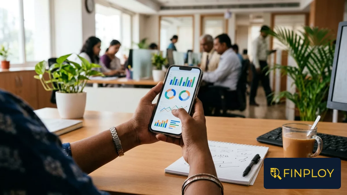 Close-up of hands operating a mobile application displaying financial growth analytics on a desk.