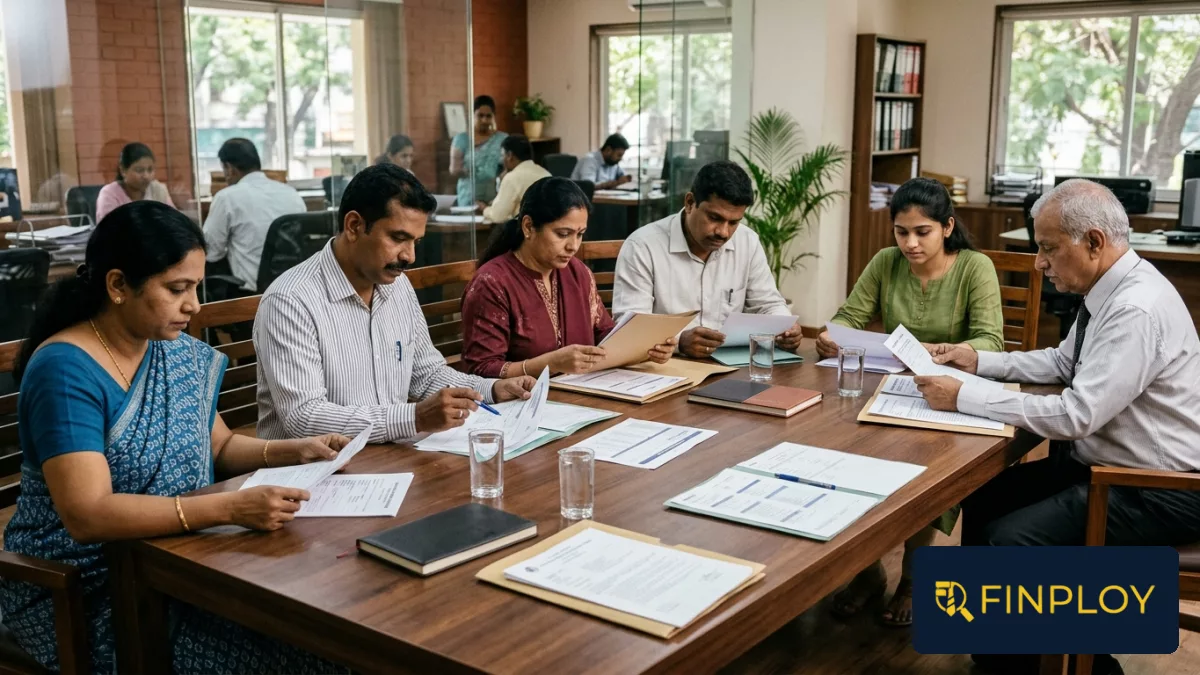 Insurance professionals reviewing operational files and recruitment documentation at a conference table.