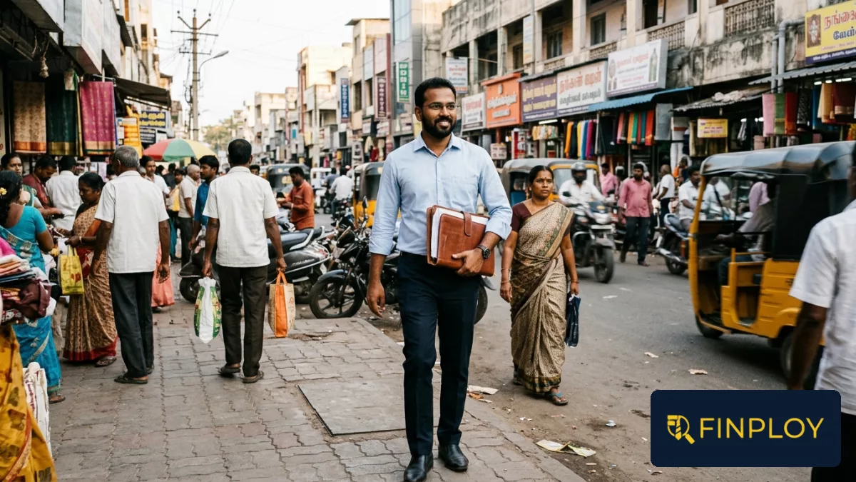An Indian banking field officer with a document folder walking through a commercial street in Chennai