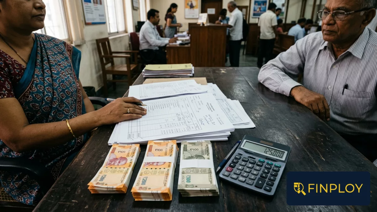 A flat-lay view of financial reports, currency notes, and a calculator on a desk.