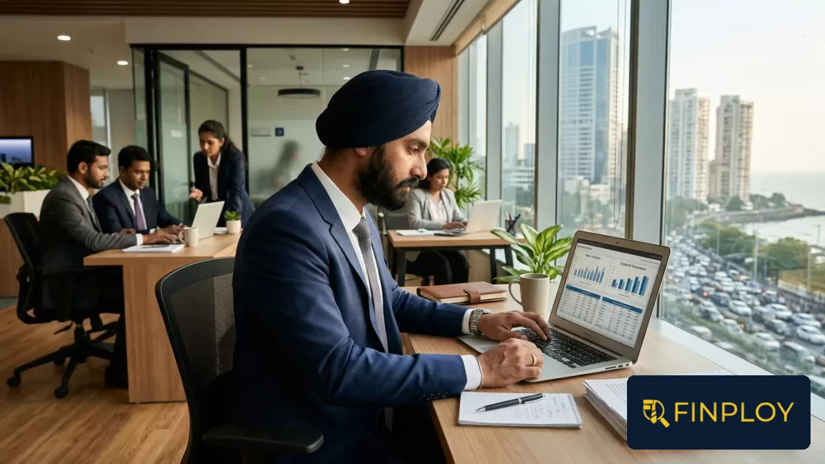 Financial documents and RM salary breakdown charts on a clean office table in an Indian private bank office.