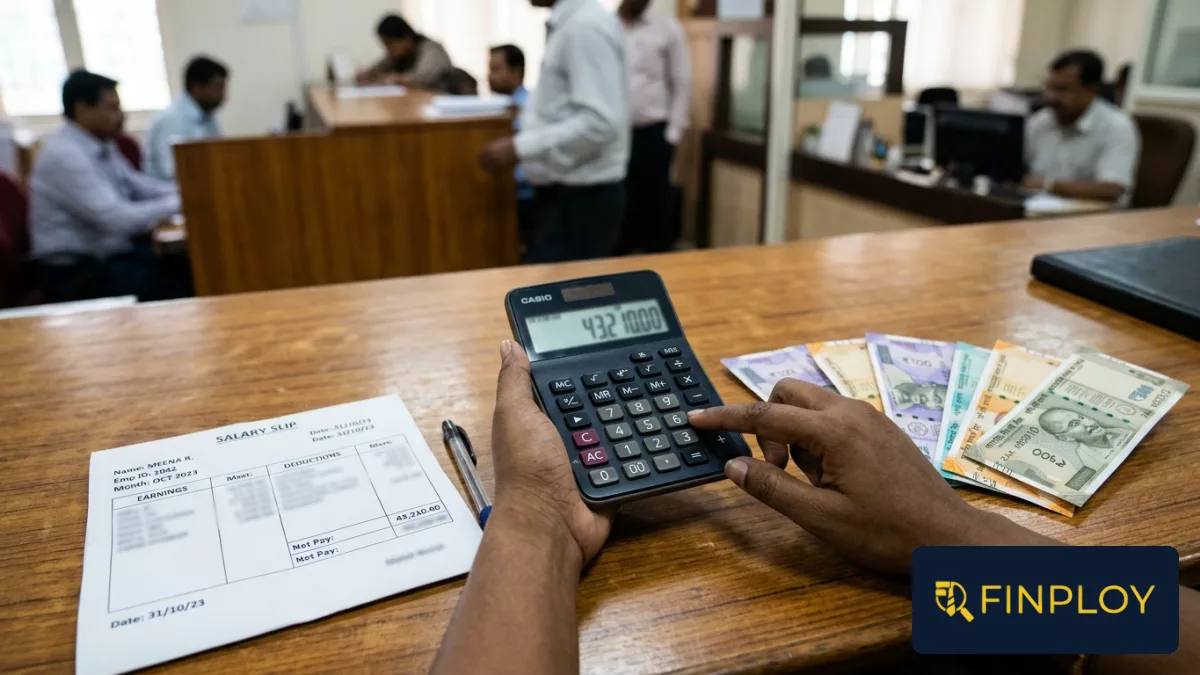 Financial documents and RM salary breakdown charts on a clean office table in an Indian private bank office.