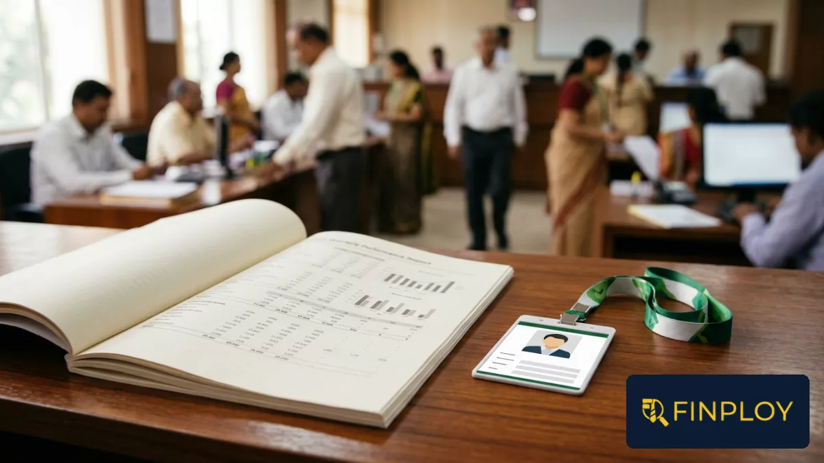 A financial report document and employee ID card resting on a wooden office desk.