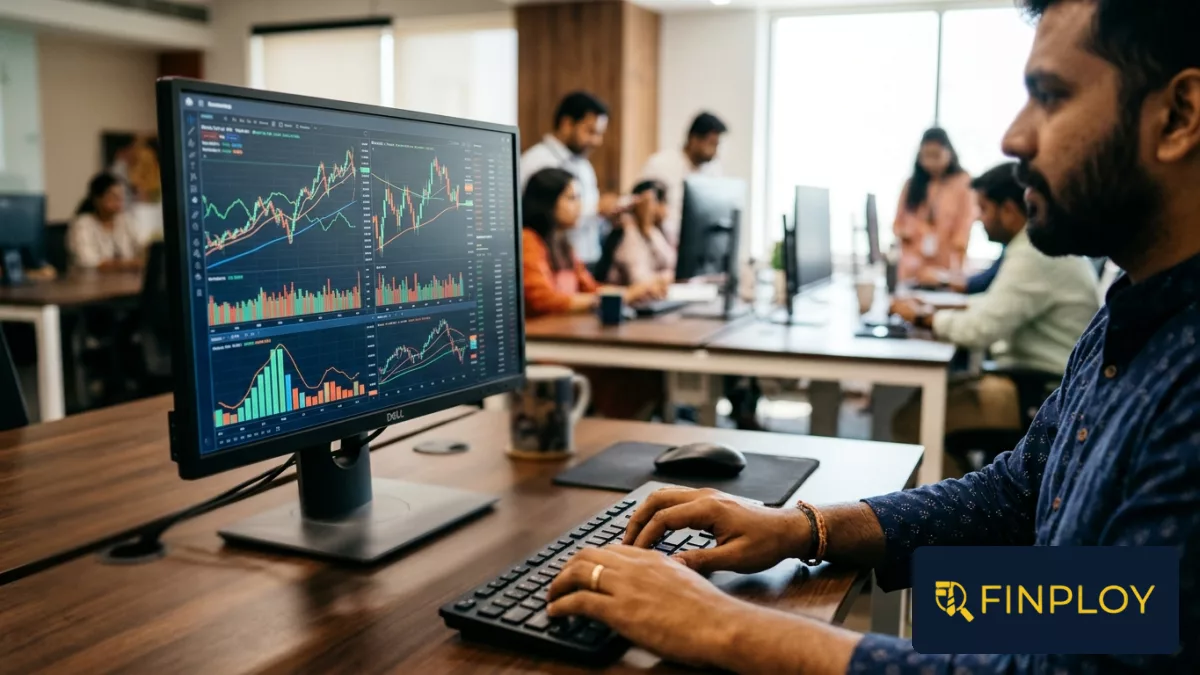 Close-up of a monitor displaying financial analytics and charts in a banking operational center.